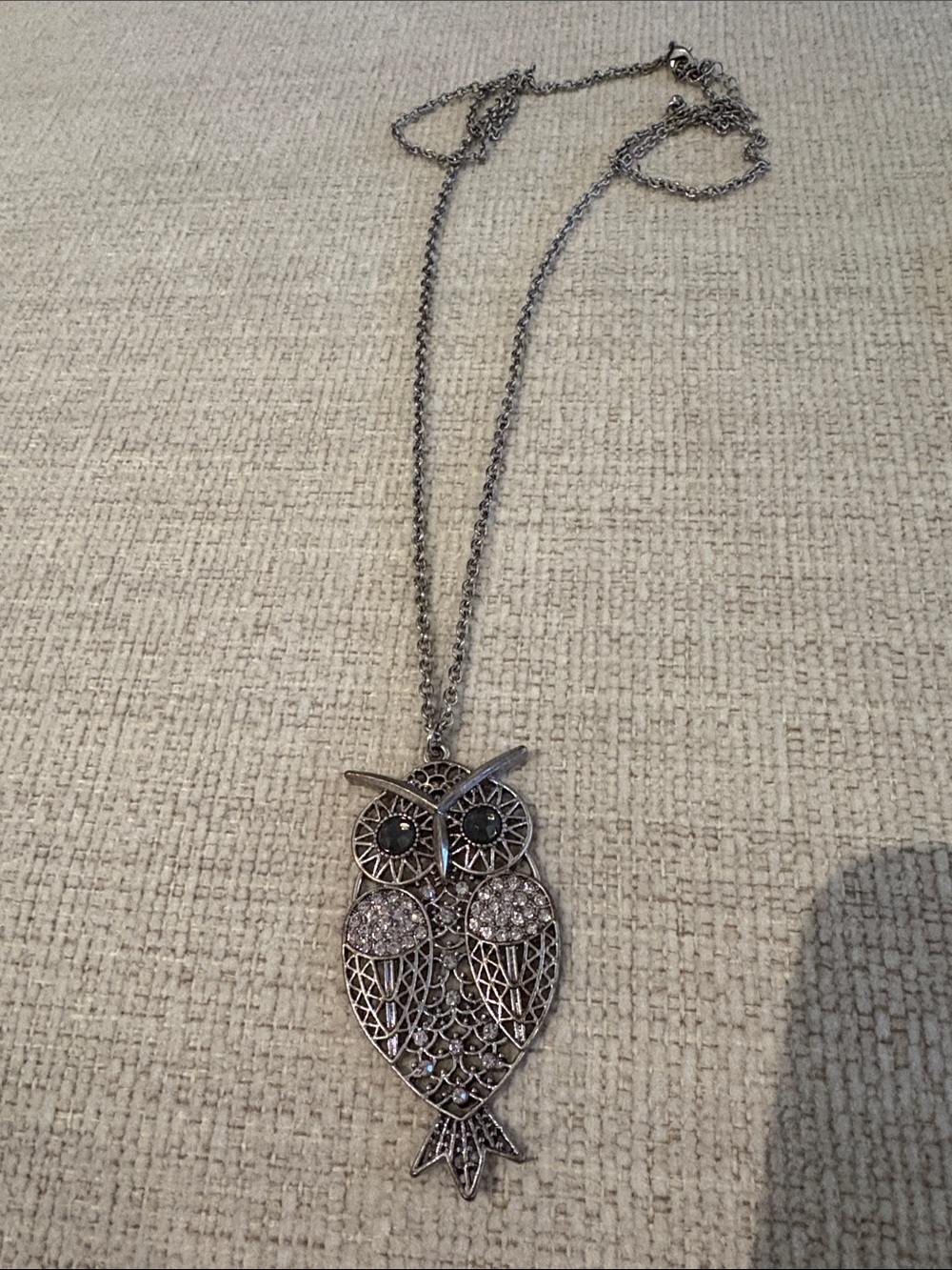 Silver Owl Pendant Necklace - Sparkling Crystal Accent